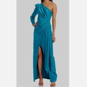 Aidan Mattox Size 14 Women's Blue One Shoulder Maxi Faux Wrap Gown Dress $245